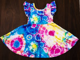 Tie Dye Ruffle Sleeve Sundress - Rainbow Batik Splotch