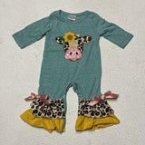 Leopard Sunflower Cow Appliqué Green Romper (AUGCU1056)-sparkledots-sparkledots