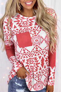 Aztec Print Splicing Pocket Long Sleeve Top