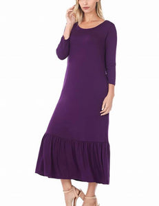 ZENANA LONG SLEEVE ROUND NECK RUFFLE HEM DRESS