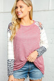 Mauve and Ivory Animal Print Stripe Raglan Top