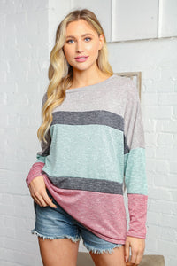 Two Tone Multi Stripe Bubble Sleeve Knit Top