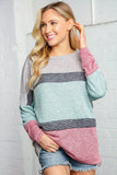 Two Tone Multi Stripe Bubble Sleeve Knit Top