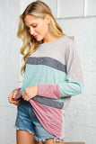 Two Tone Multi Stripe Bubble Sleeve Knit Top