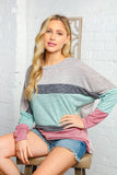 Two Tone Multi Stripe Bubble Sleeve Knit Top