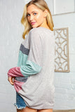 Two Tone Multi Stripe Bubble Sleeve Knit Top