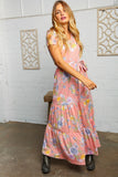 Peach and Floral Tiered Belted Maxi Dress