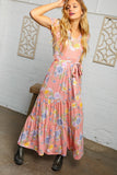 Peach and Floral Tiered Belted Maxi Dress