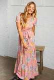 Peach and Floral Tiered Belted Maxi Dress