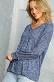 BLUE RIB V NECK OUT-SEAM LONG SLEEVE TOP