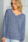 BLUE RIB V NECK OUT-SEAM LONG SLEEVE TOP