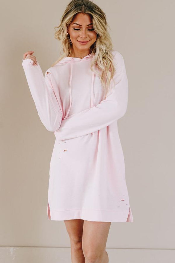 Pink Distressed Cotton Hooded Dress