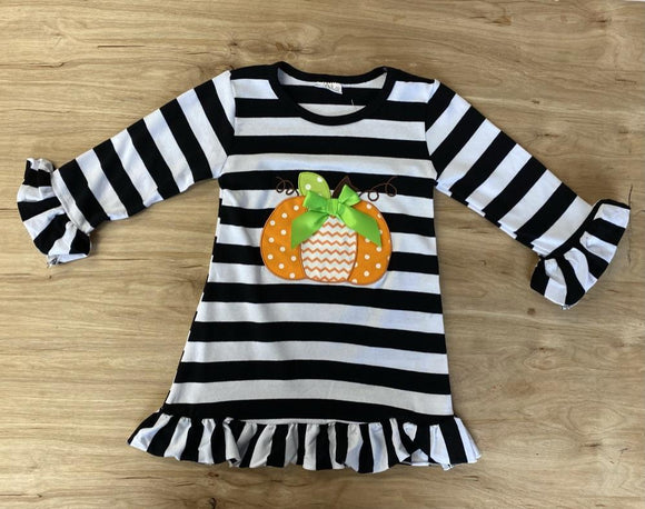 Black 'n White Striped, Ruffled Tunic/Dress w/Pumpkin Applique (Fall 2021071045)