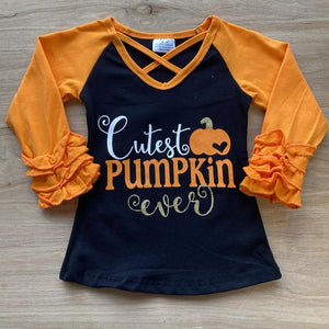 Cutest Pumpkin Ever Ruffle Sleeve Tee (Fall 2021071091)