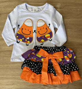 Dancing Applique Candy Corn Top w/Ruffled Black 'n White Polka Dot Skirt (Fall 2021071054)-sparkledots-S (2T)-sparkledots