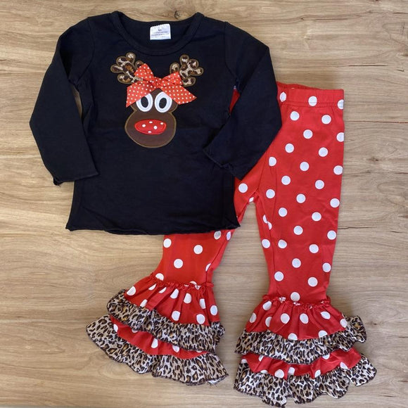 Adorable Appliqued Reindeer Ruffle Pants Outfit (HOLIDAY 2021070054)