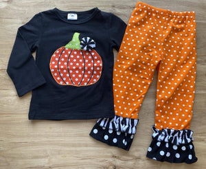 Orange/Black/White Polka Dot Pumpkin Ruffle Pants Set (Fall 2021071106)