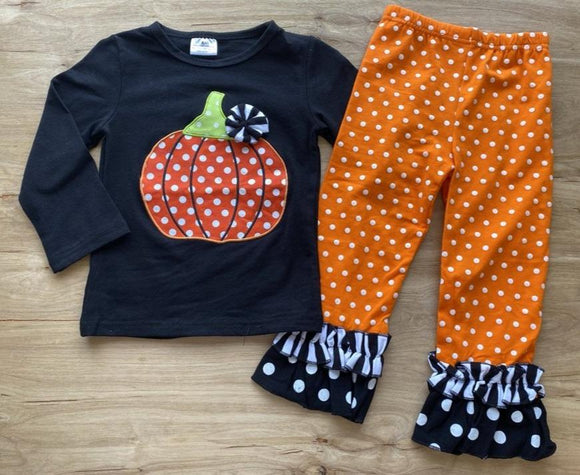 Orange/Black/White Polka Dot Pumpkin Ruffle Pants Set (Fall 2021071106)