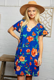 Royal Floral Flutter Sleeve Dress