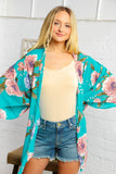 Teal Flower Printed Kimono Jacket