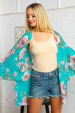 Teal Flower Printed Kimono Jacket