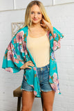 Teal Flower Printed Kimono Jacket