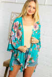 Teal Flower Printed Kimono Jacket