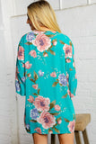 Teal Flower Printed Kimono Jacket