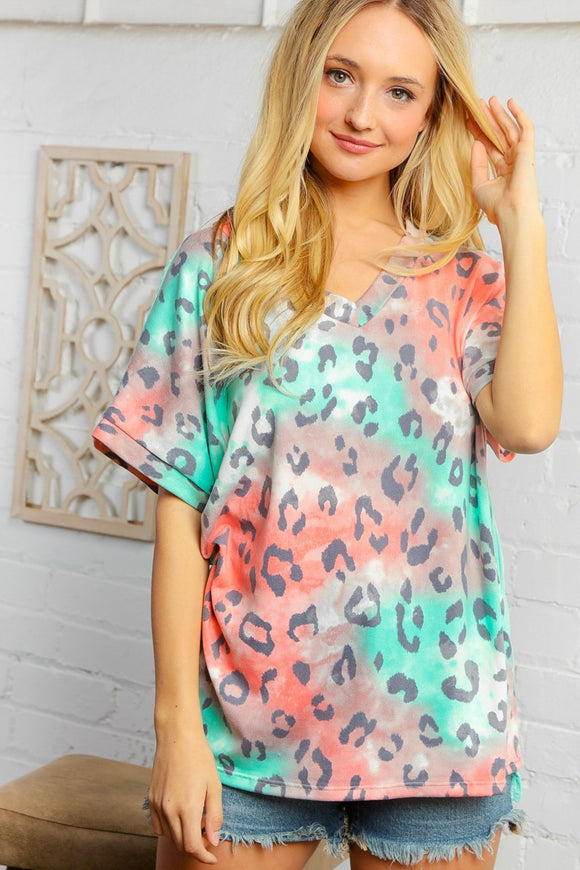 Tie Dye Leopard Print V Neck Top