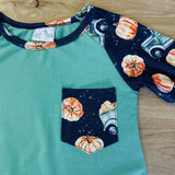 Teal 'n Navy Pumpkin Pocket Shirt with Ruffled Sleeves (Fall 2021071078)