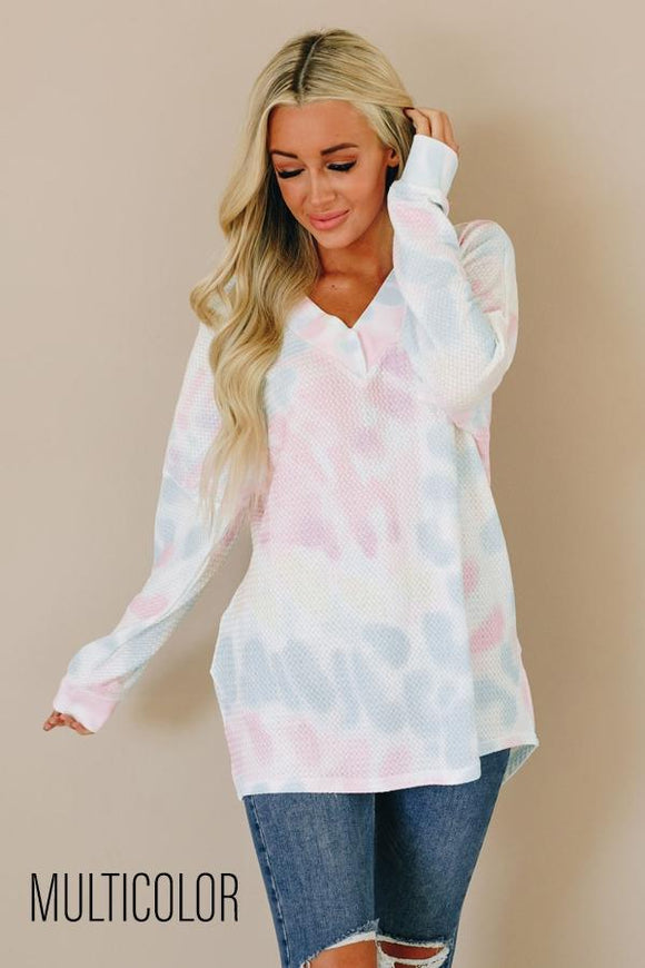 Multicolour V Neck Tie-Dyed thermal Long Sleeve Top