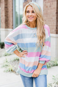 Multicolor Striped Colorblock Long Sleeve Pullover Sweatshirt