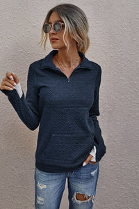 Half Zip Solid Textured Long Sleeve Top