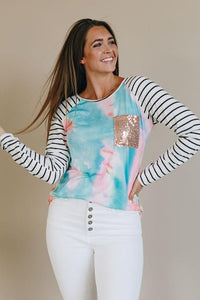 Sequin Pocket Tie-dye Panel Striped Sleeve Top