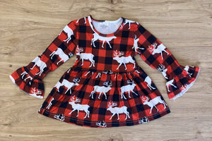 Red & Black Buffalo Plaid Ruffle Sleeve Deer Dress (HOLIDAY 2021070055)