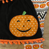 Happy Pumpkin Black w/Orange PomPoms Top and Aztec/Pumpkin Pants 'n Scarf Set (Fall 2021071044)