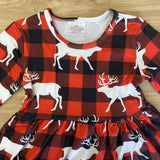 Red & Black Buffalo Plaid Ruffle Sleeve Deer Dress (HOLIDAY 2021070055)