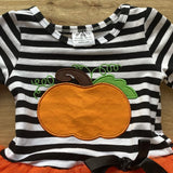 Black 'n White Striped Orange Tutu Pumpkin Applique Dress (Fall 2021071094)