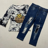 TieDye Leopard Pumpkin Applique Top w/Denim Pants AUGCU1004