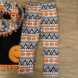 Happy Pumpkin Black w/Orange PomPoms Top and Aztec/Pumpkin Pants 'n Scarf Set (Fall 2021071044)