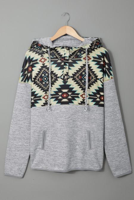 Gray Tribal Geometric Print Hoodies with Pocket