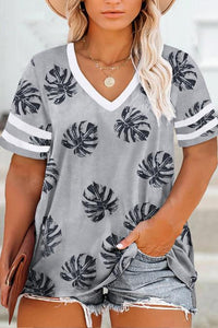 Gray Palm Tree Leaves Print Striped Short Sleeve