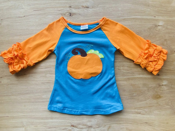 Blue Pumpkin Applique Shirt w/Orange Ruffled Sleeves (Fall 2021071080)