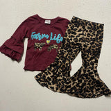 Maroon Farm Life Top w/Leopard Cows & Bell Bottoms AUGCU1017-sparkledots-sparkledots