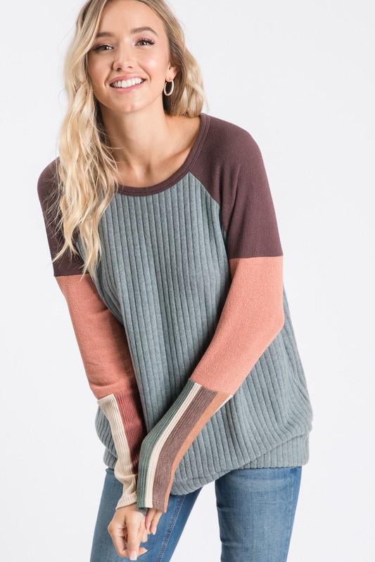 Sage Color Block Sleeve Crew