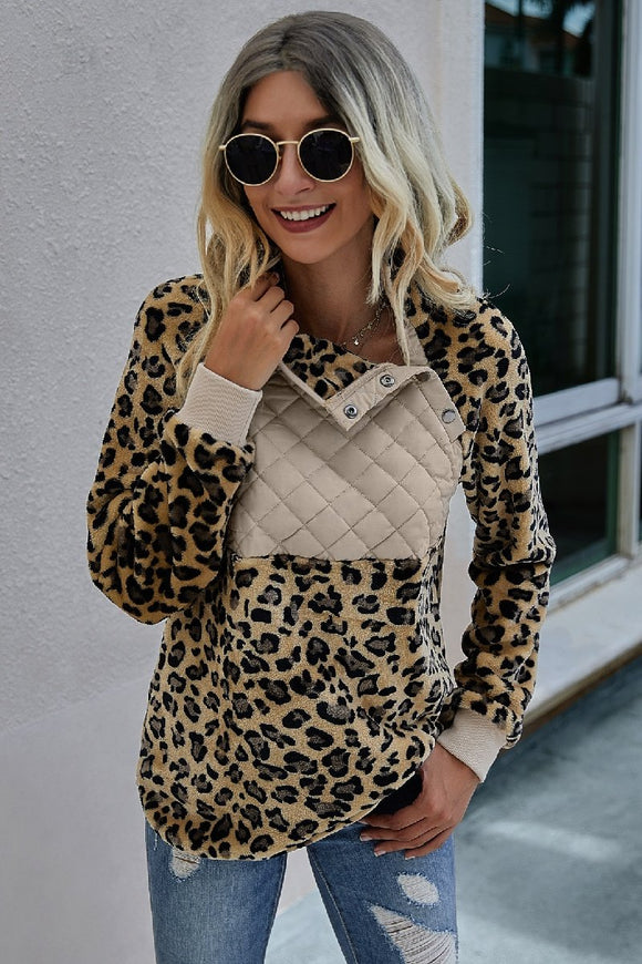 Khaki Leopard Snap Button Sherpa