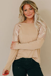 Apricot Sequin Shoulder Long Sleeve Top