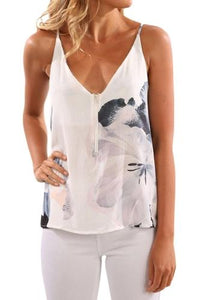 White V Neck Spaghetti Strap Floral Printed Tank Top