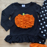 Gathered Orange Ruffled Pumpkin Accenting Black Ruffled Top and Black 'n White Polka Dot Pants Set  (Fall 2021071104)