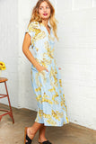 Light Blue Tropical Print Design Button Dress